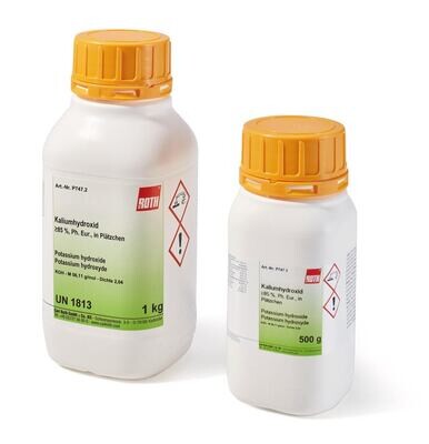 Idrossido di potassio, min 85%, Ph.Eur., in granuli, 10 kg, confezione plastica.