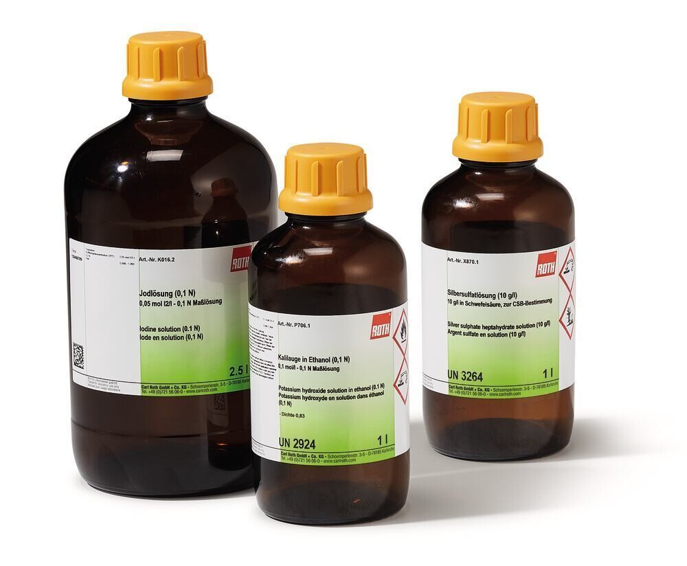 Solution d&#39;hydroxyde de potassium dans du propanol-2, solution étalon 0,1 mol/l - 0,1 N, 1 l, emballage en verre