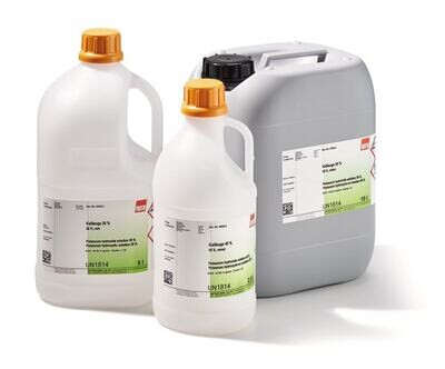 Potash lye 50%, purest, 5 l, plastic packaging.