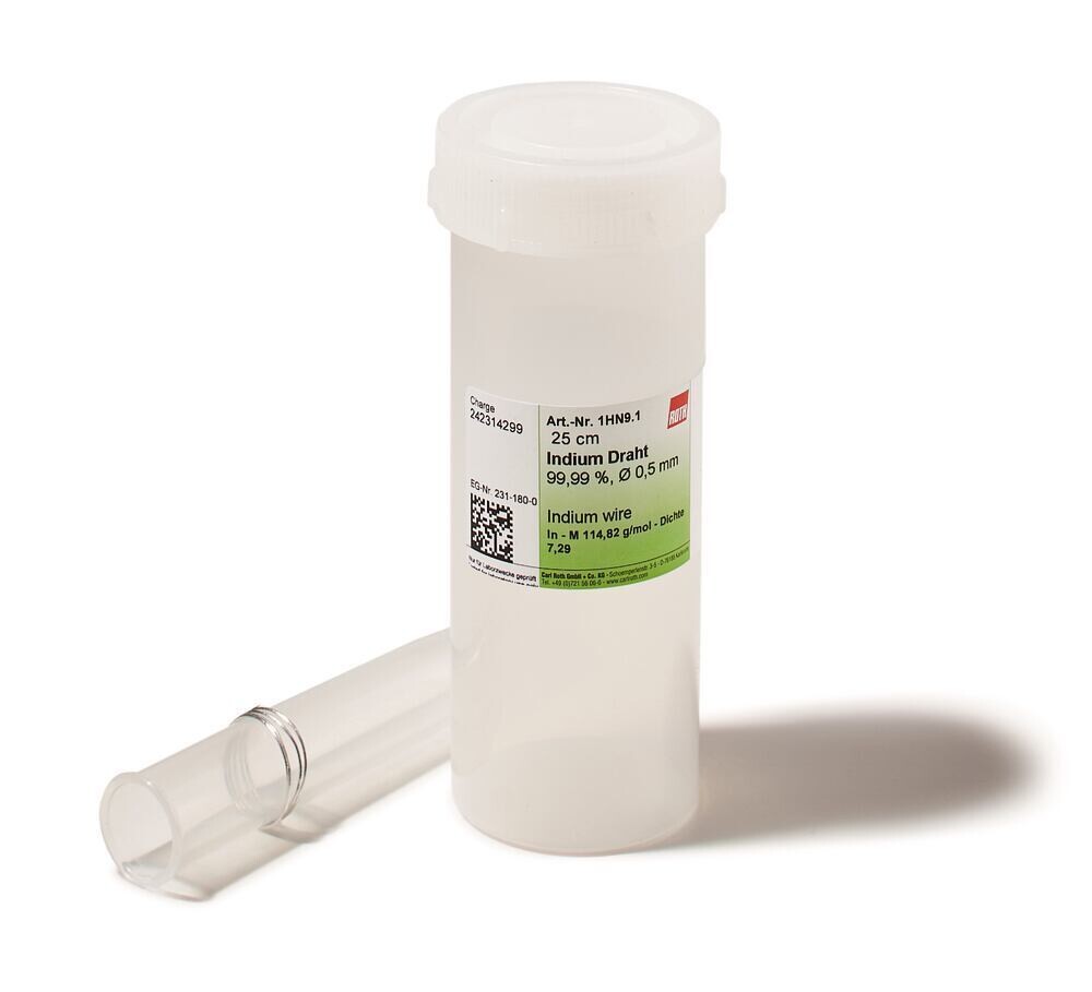 Indium wire, 99.99%, 0.5mm, 25cm, plastic wrap.