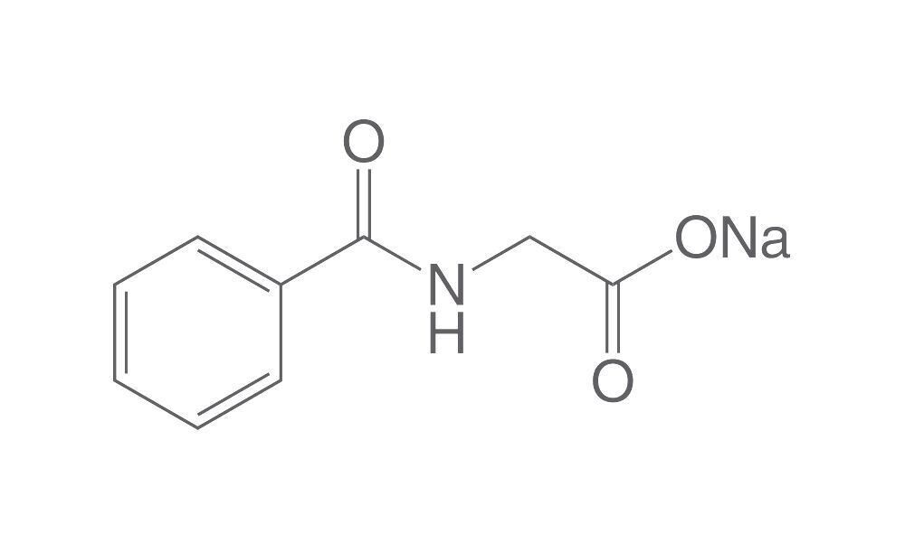 Hippuric acid sodium salt, min. 99%, cryst., 25 g, plastic packaging.