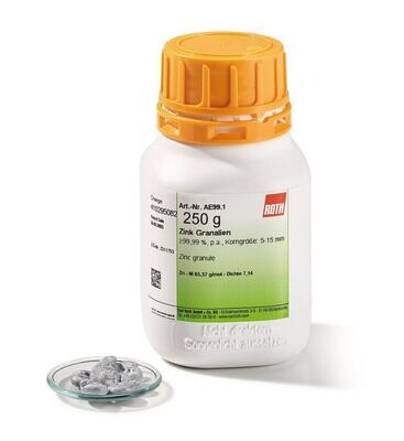 Granulés de zinc, min 99,99% pa, granulométrie, 5-15 mm, 500 g, emballage plastique.