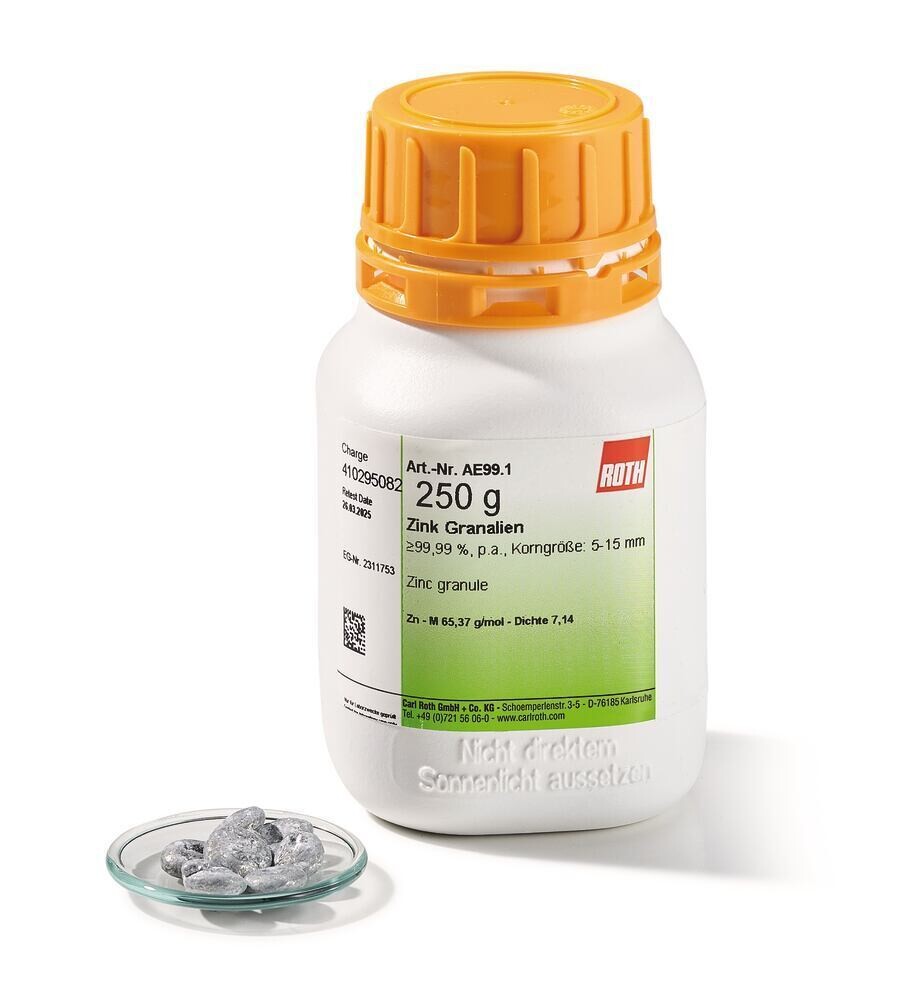 Zinc granules, min. 99.99% pa, grain size, 5-15 mm, 250 g, plastic packaging.