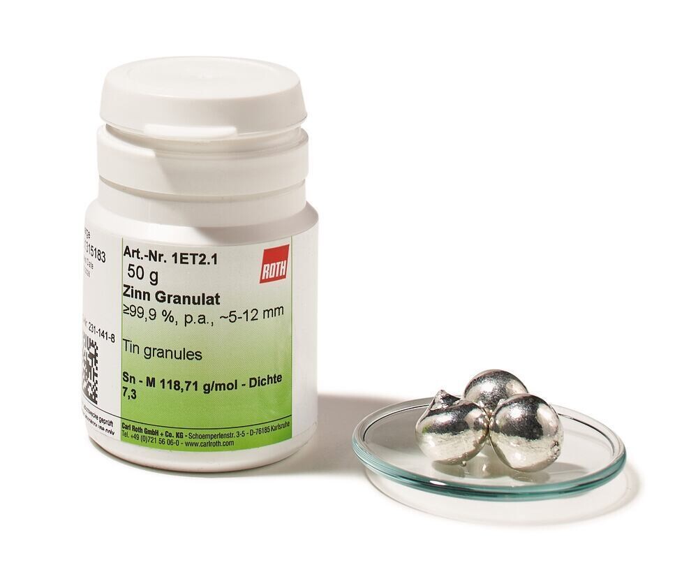 Tin granulated, min. 99.9%, pa, 5-12 mm, 100 g, plastic packaging.