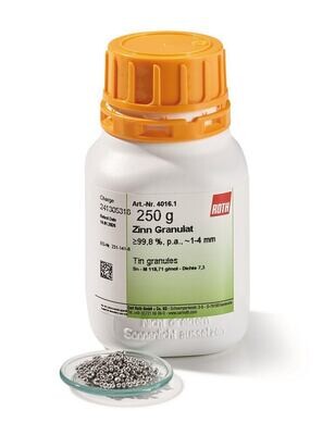 Tin granules, min. 99.8%, pa, 1-4 mm, 50 g, plastic packaging.