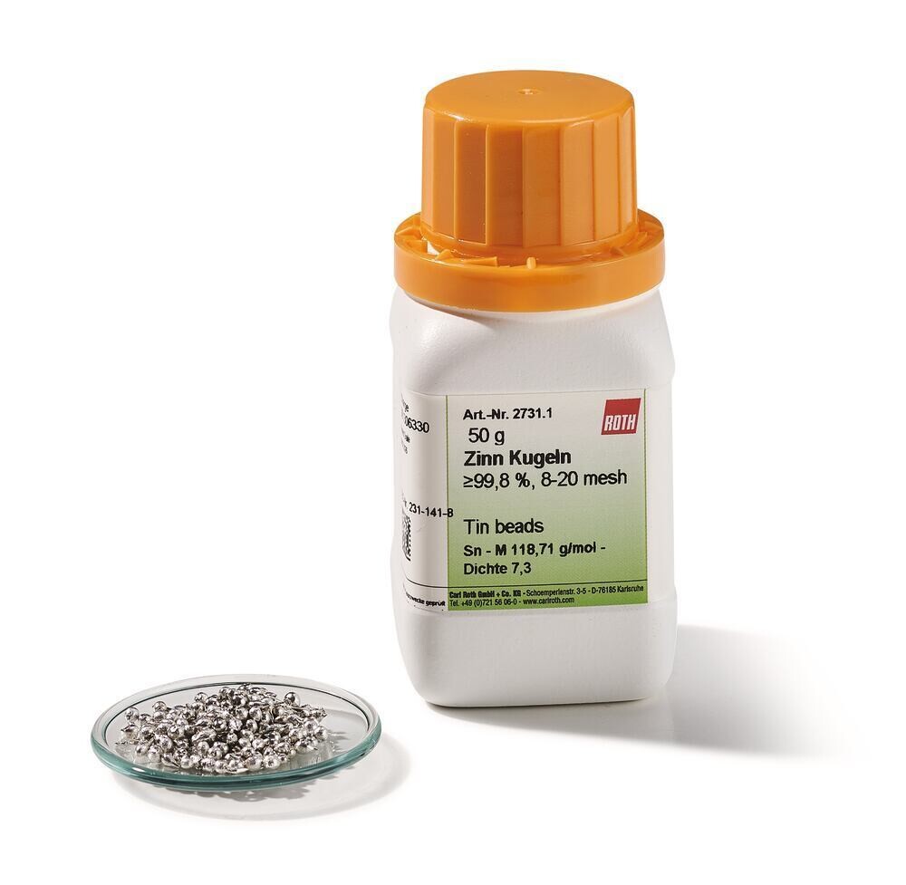 Tin balls, min. 99.8%, 8-20 mesh, 50g, plastic wrap.