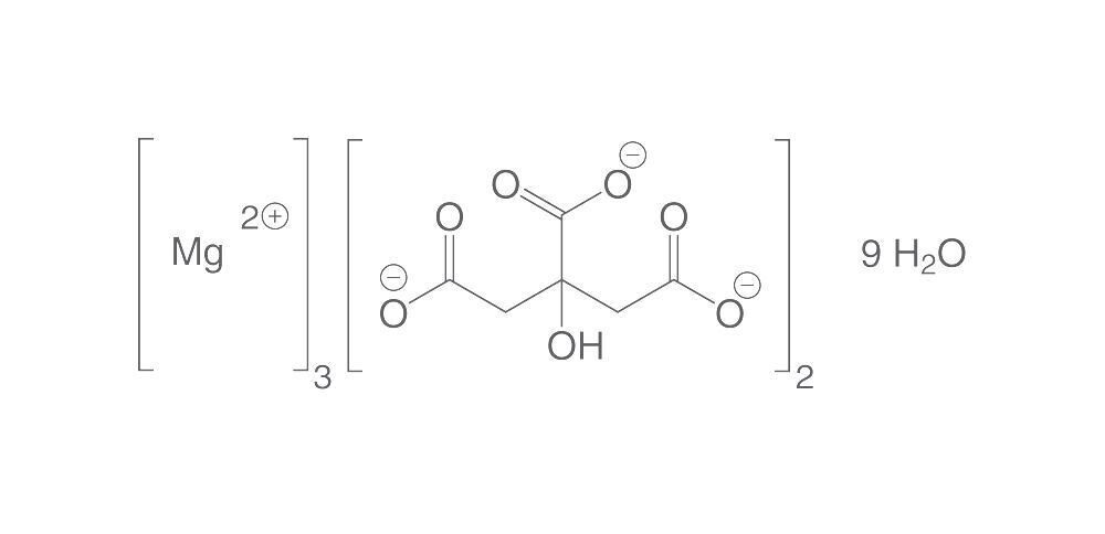 tri-magnesium citrate nonahydrate, Ph.Eur., USP, 1 kg, plastic packaging.