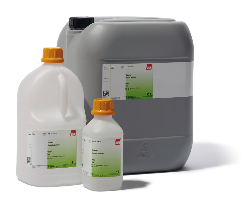 Water, double distilled, 30 l, plastic packaging.