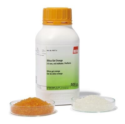 Silica Gel Orange, 2-5 mm, mit Indikator, Perlform, 500 g, kunststoffverpackung.