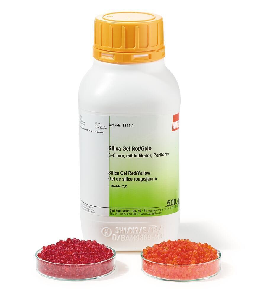Silica gel red/yellow, 3-6 mm, with indicator, bead form, 1 kg, plastic bag.