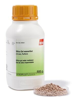 Gel de silice étanche, 2-5 mm, sous forme de billes, 10 kg, emballage plastique.