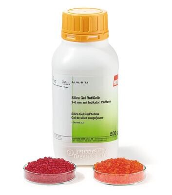 Gel de silice rouge/jaune, 3-6 mm, avec indicateur, forme de perles, 2,5 kg, sachet plastique.