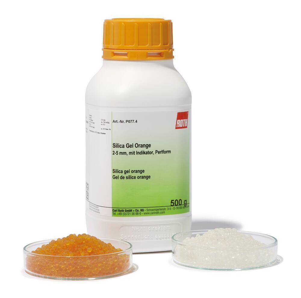 Silica Gel Orange, 2-5 mm, mit Indikator, Perlform, 2.5 kg, kunststoffverpackung.