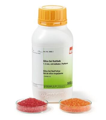 Silica Gel Red/Yellow, 1-3 mm, with indicator, bead form, 2.5 kg, plastic bag.