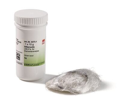 Silver wool, min. 99.9%, for elemental analysis, 10 g, plastic packaging.