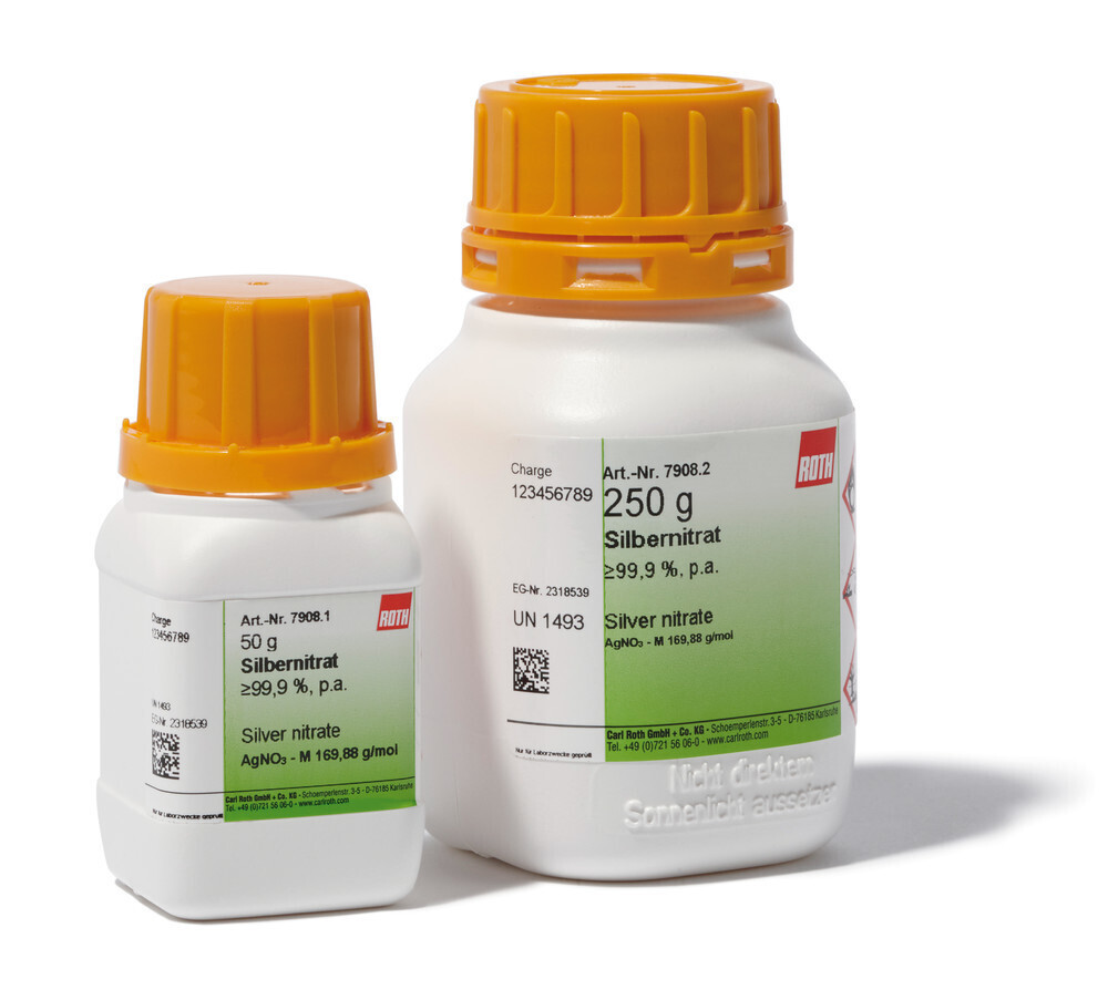 Silver nitrate, min. 99.9%, pa, 250 g, plastic packaging.