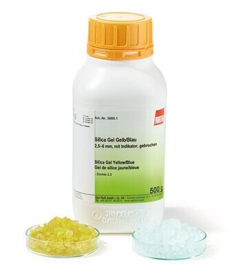 Gel de sílice amarillo/azul, 2,5-6 mm, con indicador, partido, 10 kg, envase de plástico.