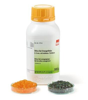 Silica gel orange/green, 2-5 mm, with indicator, bead form, 1 kg, plastic bag.
