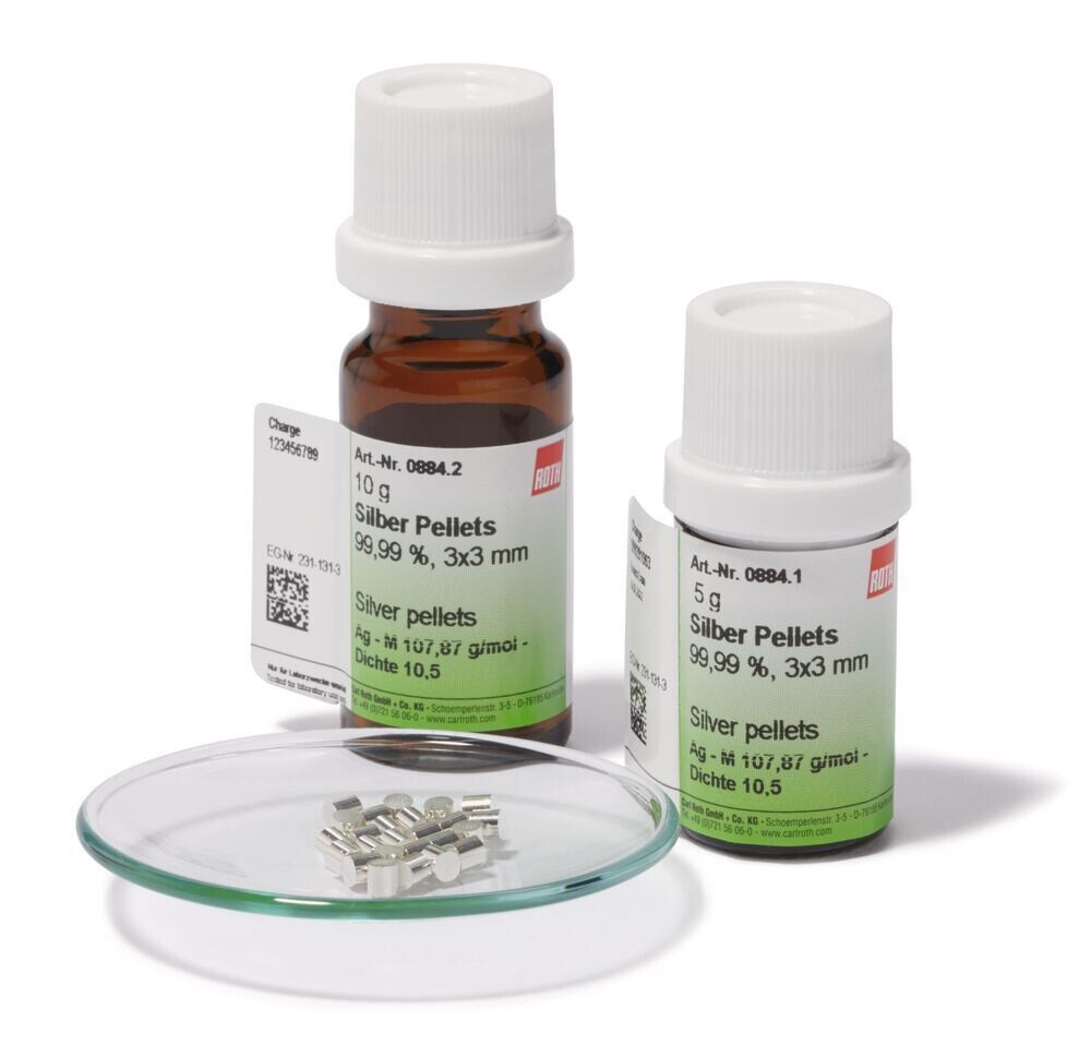 Silver pellets, min. 99.99%, 3x3 mm, 10 g, glass packaging