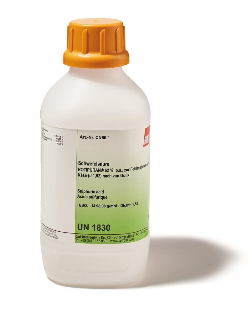 Acido solforico 62% ROTIPURAN®, pa, per la determinazione del grasso nei formaggi, 10 l, confezione in plastica.