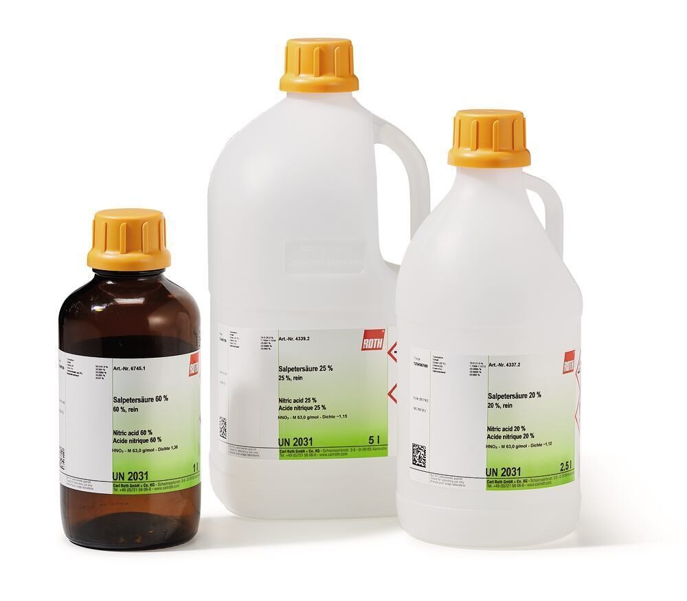 Nitric acid 25%, pure, 5 l, plastic packaging.