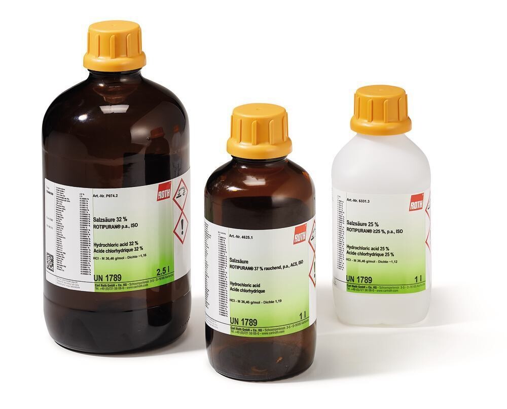 Fuming hydrochloric acid ROTIPURAN®, 37%, pa, ISO, max. 0.005 ppm Hg, 1 l, glass packaging