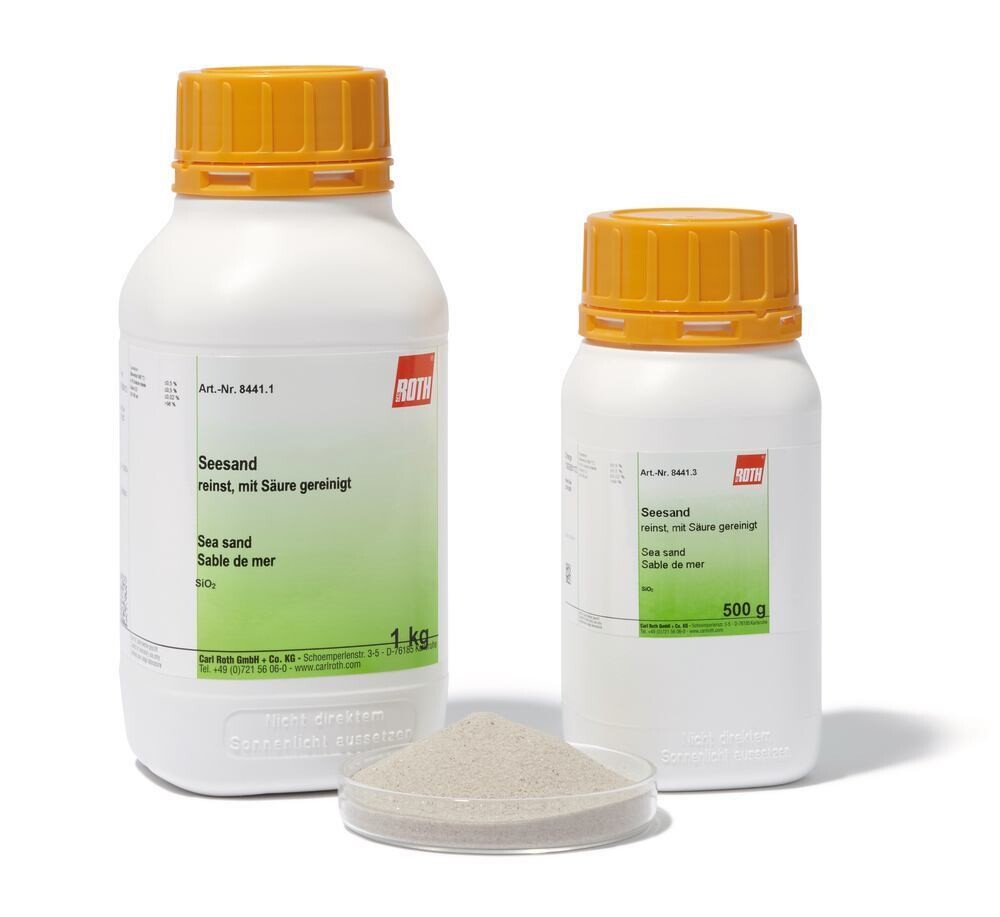 Sea sand, pa, acid cleaned and annealed, 1 kg, plastic packaging.