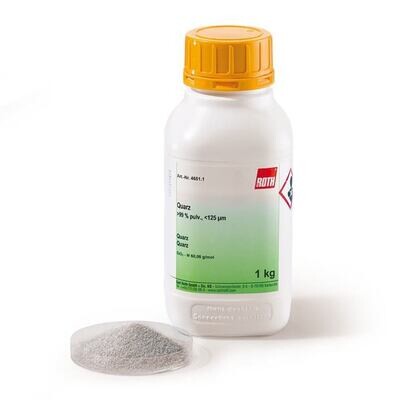 Quarzo, polvere min 99%, fino a 125 µm, 500 g, confezione in plastica.