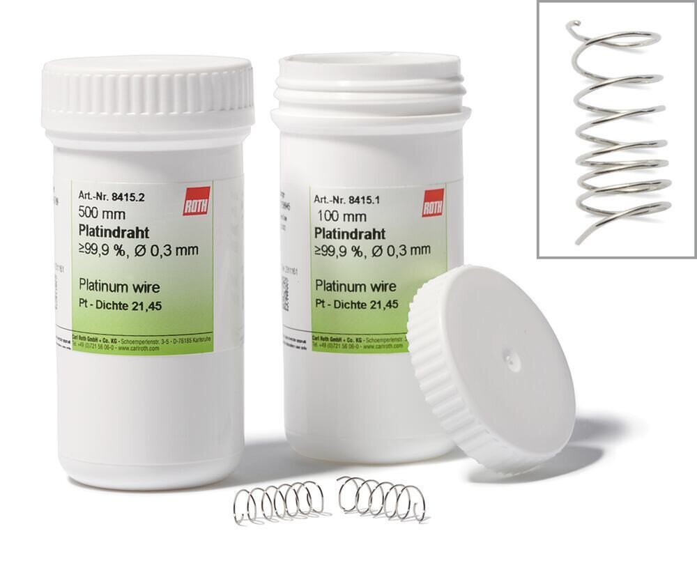 Platinum wire, min. 99.95%, diameter 0.5mm, 25cm, plastic wrapped.