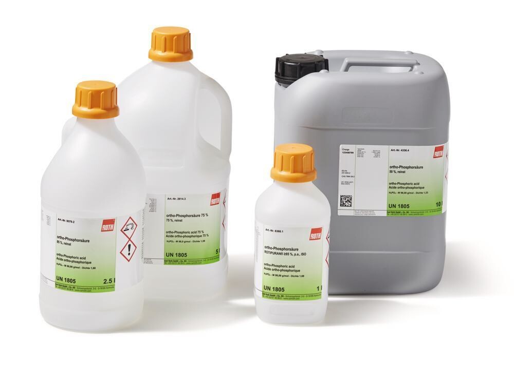 acide ortho-phosphorique 50%, extra pur, 1 l, emballage plastique.