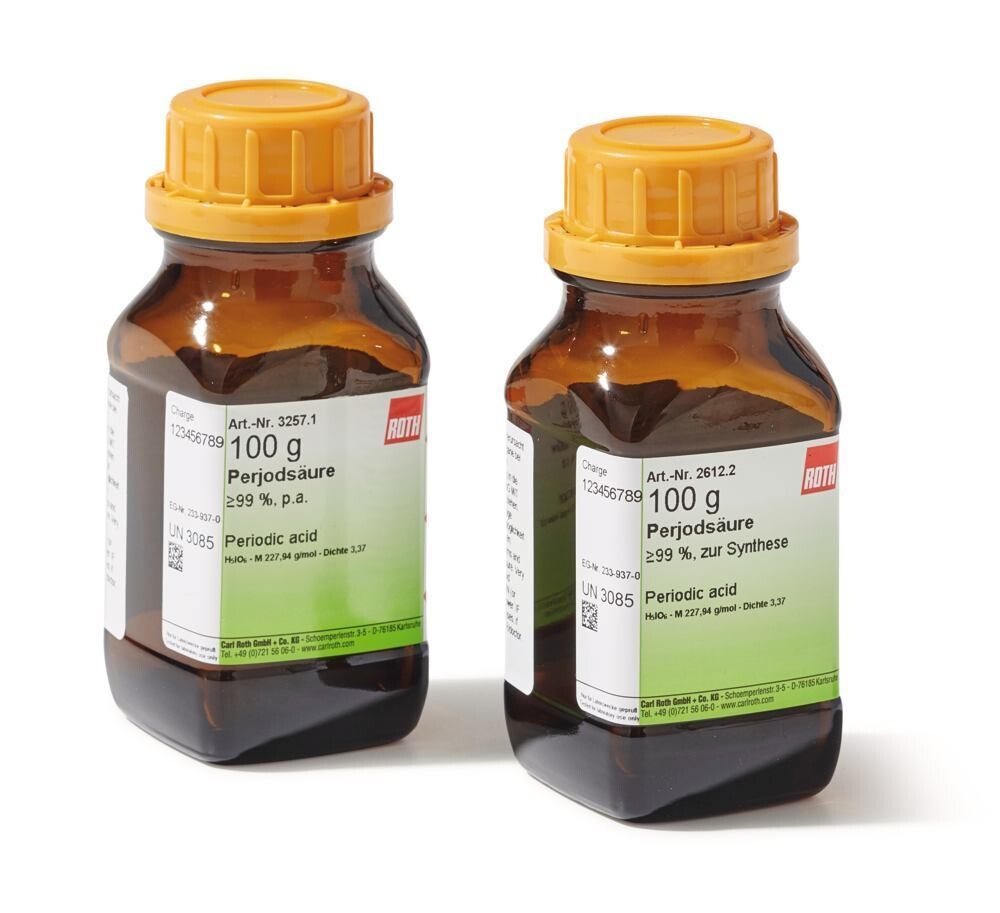 Periodic acid, min. 99%, for synthesis, 50 g, glass packaging