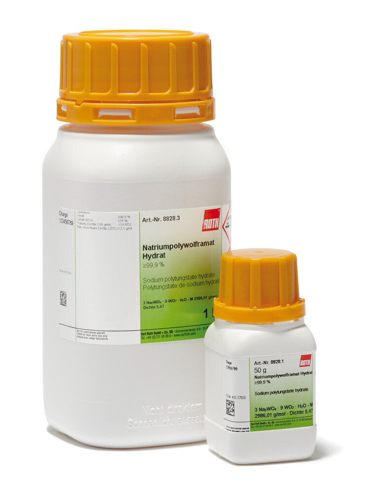 Sodium polytungstate hydrate, min. 99.9%, 50 g, plastic packaging.