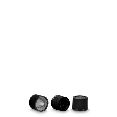 Push &amp; turn drip cap black PP GL 18 - with warning triangle