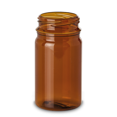 Bote PET de 100 ml PET-G marrón RD 43 cilíndrico