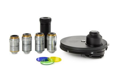 Zernike phase contrast kit with E-Plan phase EPLPHi 10/20/S40/S100 oil immersion IOS objectives, rotating Zernike condenser, telescope and green filter