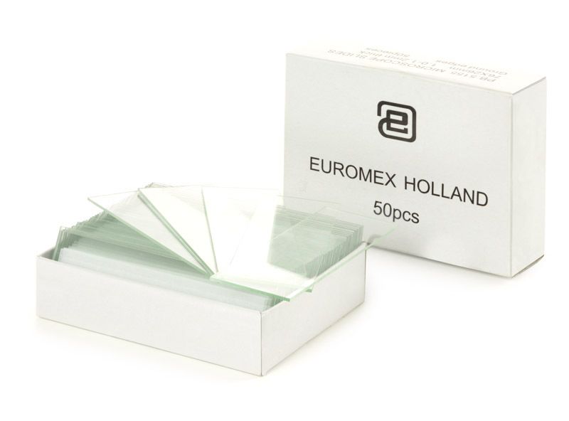 Microscope slides half white glass and cut corners packed per 50 pieces.