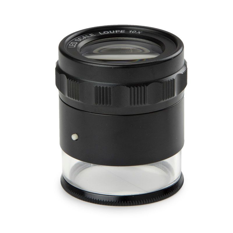 Measuring magnifier 10x magnification Ø 50 mm eyepiece. Field of view 3 mm. Measuring scale 15-0-15 mm. Division 0.1, 0.5 and 1.0 mm