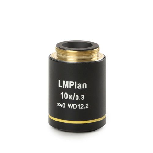 Plan achromatic PLM 10x/0.25 LWD IOS objective. Working distance 12.2 mm. No cover glass correction