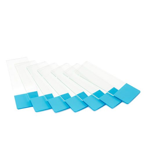 Object slides 76 x 26 mm, white glass, edges ground. One side blue. Packed per 50 pieces