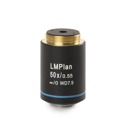 Objetivo Plan semi apocromático PLM 50x/0,55 LWD IOS. Distancia de trabajo 10,8 mm. Sin corrección de cubreobjetos