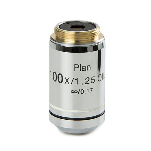 Plan strain-free PLPOLi 100x/1.25 oil immersion IOS objective for iScope transmitted polarization, 0.17 mm cover glass correction. Working distance 0.13 mm
