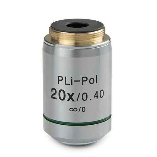 Pianifica l'obiettivo IOS PLPOLi 20x/0,40 senza stress per la polarizzazione incidente iScope, senza correzione del vetro di copertura. Distanza di lavoro 5,8 mm