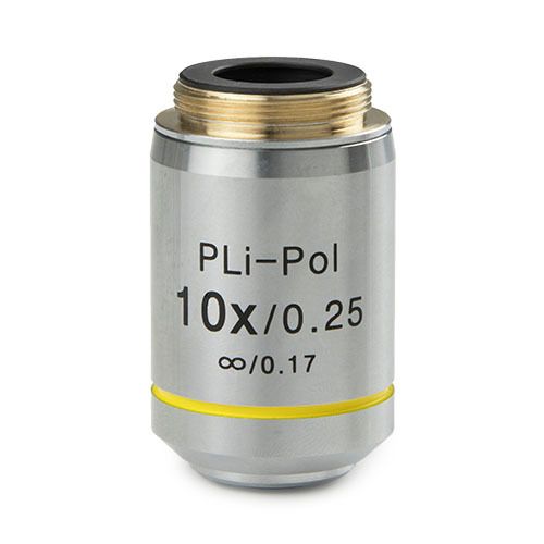 Plan strain-free PLPOLi 10x/0.25 IOS objective for iScope transmitted polarization, no cover glass correction. Working distance 10 mm