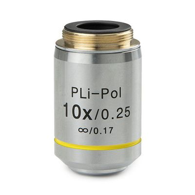 Obiettivo PLPOLi 10x/0,25 IOS senza deformazioni per la polarizzazione trasmessa iScope, nessuna correzione del vetro di copertura. Distanza di lavoro 10 mm