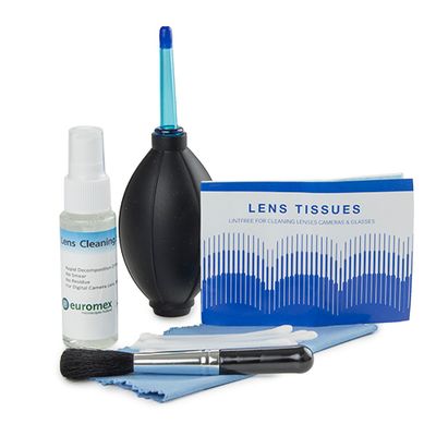 Cleaning kit: cleaning agent, seamless lens paper, brush, air blower, cotton pads