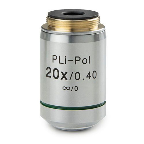 Plan strain-free PLPOLi 20x/0.40 IOS objective for iScope transmitted polarization, 0.17 mm cover glass correction. Working distance 5.1 mm