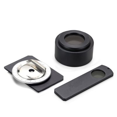 Polarization set with analyzer in sled and small rotating table - with two object clamps - that is mounted on the XY cross table of the BioBlue. Polarization filter is placed on the lamp housing