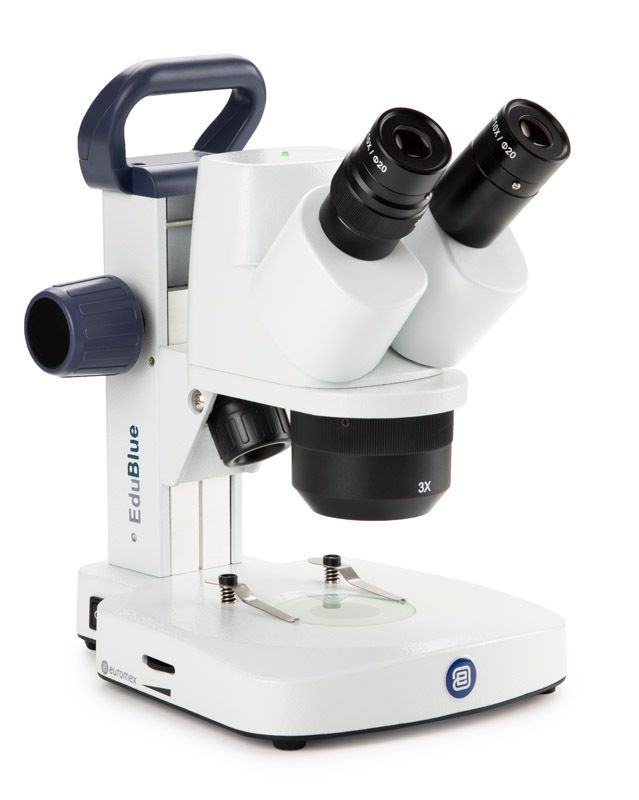 Trioculaire stéréomicroscope EduBlue ED.1405-S avec objectifs 2x/4x, tête numérique et support à crémaillère et pignon