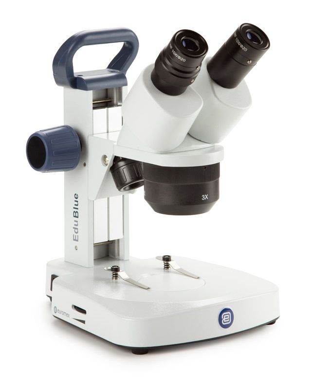 Microscope stéréoscopique EduBlue ED.1802-S bioculaire avec objectifs 1x/2x/4x et support à crémaillère et pignon