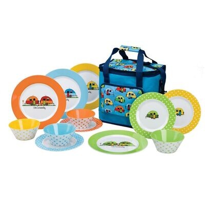 Vajilla melamina 12 piezas love caravaning + bolsa 16L